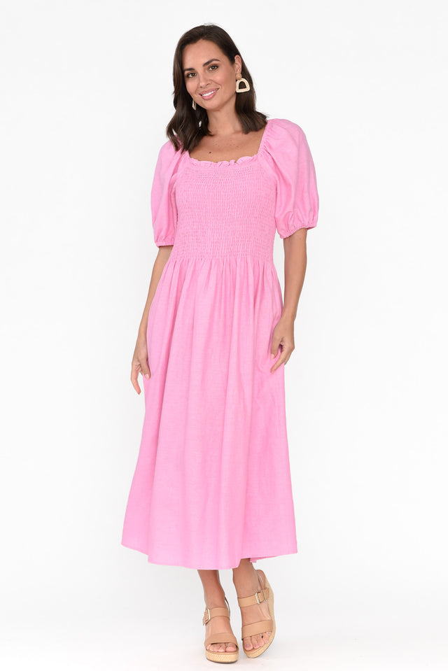 Ingrid Pink Linen Blend Shirred Dress thumbnail 2