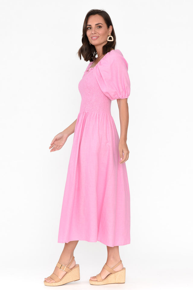 Ingrid Pink Linen Blend Shirred Dress