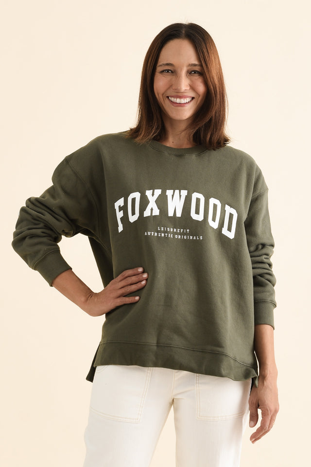 Interval Khaki Crewneck Sweatshirt,brunette model,Front of Outfit,alt text|model:Cara image 1