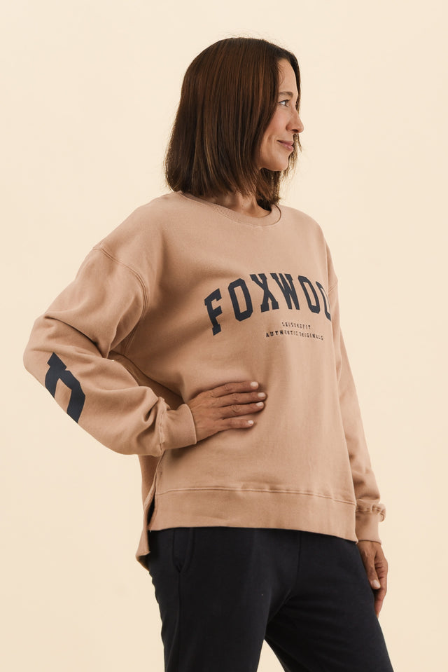 Interval Tan Crewneck Sweatshirt,Side,Brunette model,alt text|model:Cara image 3