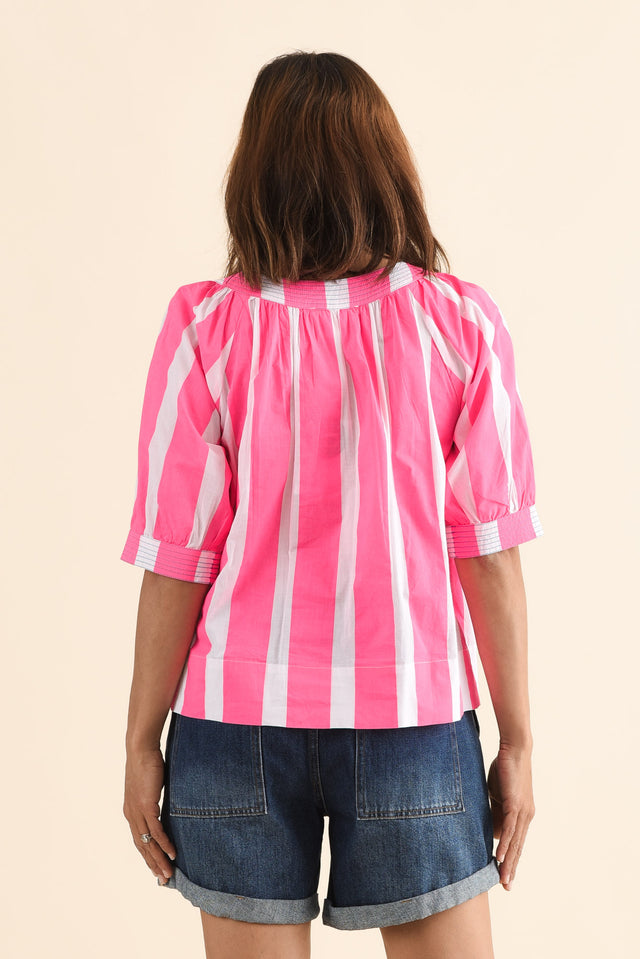 Irma Pink Stripe Cotton Top,Back,Brunette model,alt text|model:Cara image 4