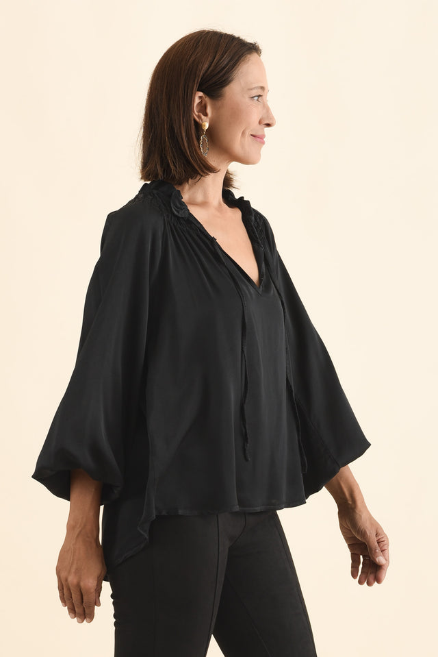 Isaac Black Silk Ruched Top,Brunette model,alt text|model:Cara image 3