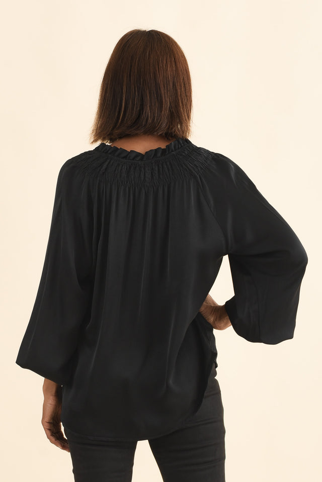 Isaac Black Silk Ruched Top,Brunette model,alt text|model:Cara image 4