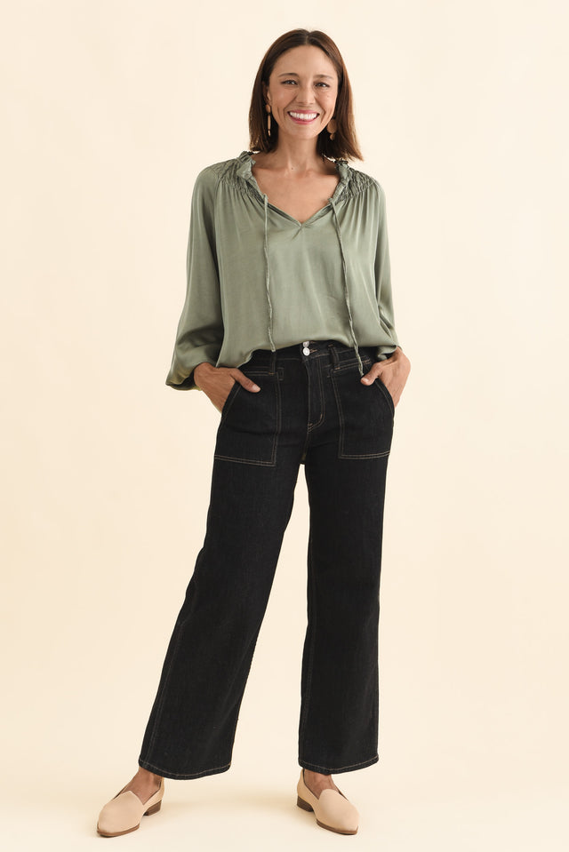 Isaac Khaki Silk Ruched Top,Brunette model,alt text|model:Cara image 7