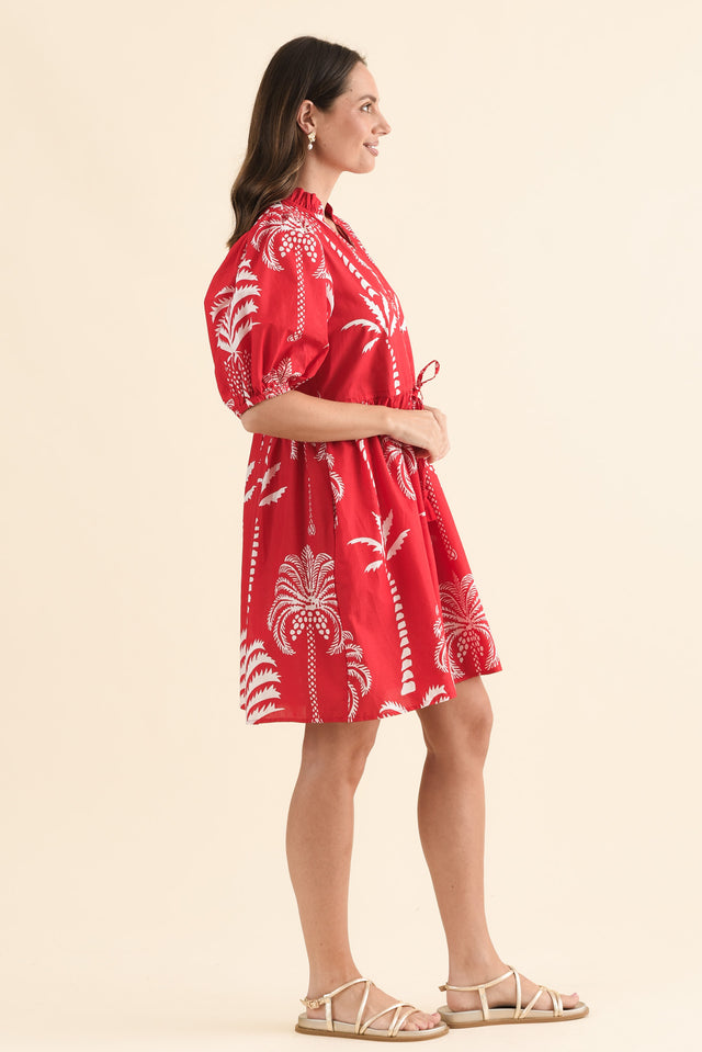 Island Time Red Palm Cotton Dress,Side,Brunette model,alt text|model:MJ image 3