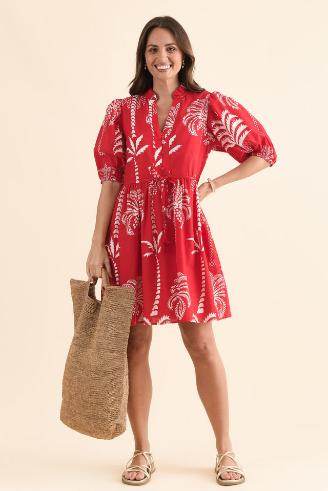 Island Time Red Palm Cotton Dress,Front,Brunette model,alt text|model:MJ