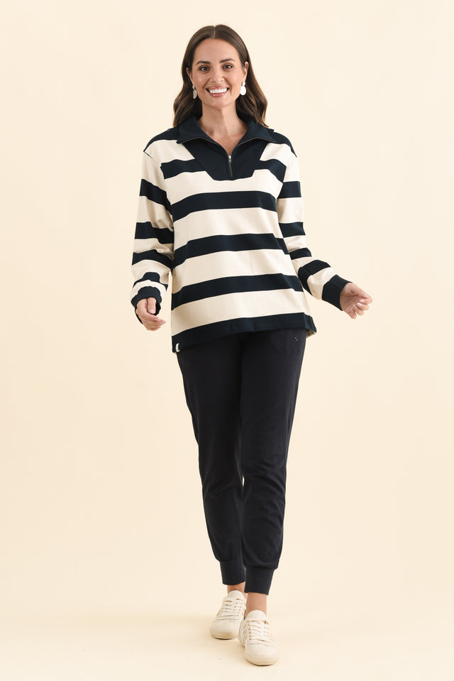 Jade Navy Stripe Cotton Half Zip Sweatshirt,Brunette model,alt text|model:MJ image 6