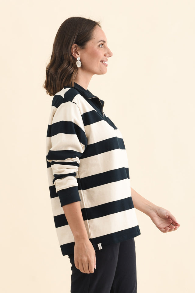 Jade Navy Stripe Cotton Half Zip Sweatshirt,Brunette model,alt text|model:MJ image 3