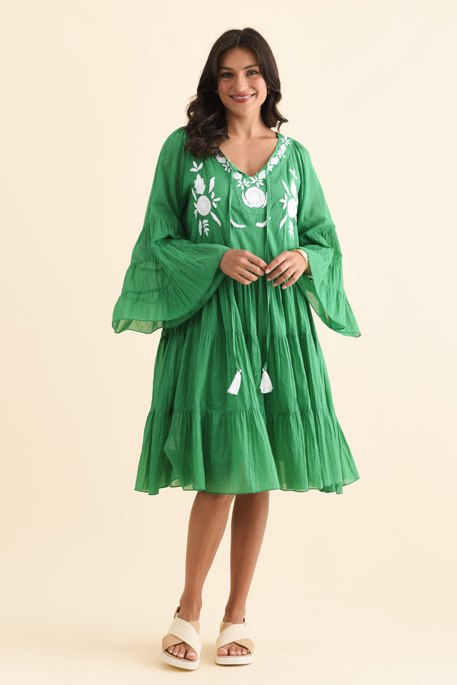 Jamaica Green Cotton Embroidered Dress,Brunette model,alt text|model:Brontie image 8