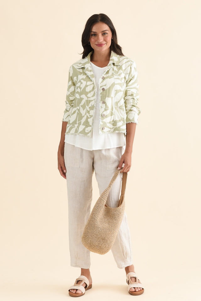 Jamie Khaki Leaf Linen Blend Jacket,Full Body,Brunette model,alt text|model:Brontie image 2