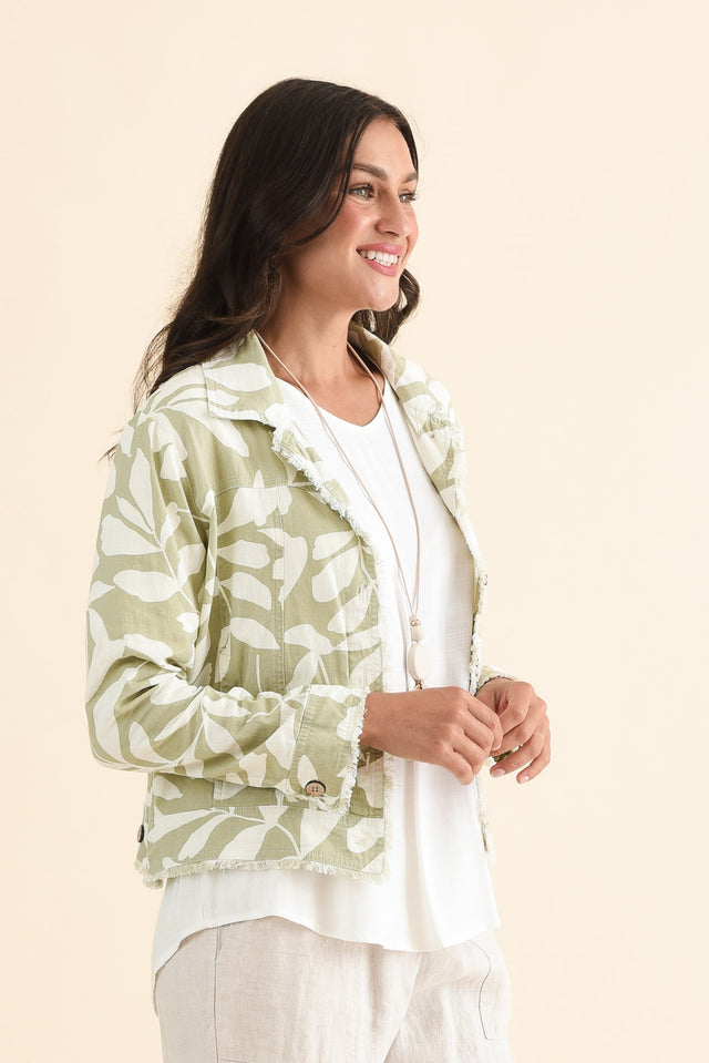 Jamie Khaki Leaf Linen Blend Jacket,Side,Brunette model,alt text|model:Brontie image 3