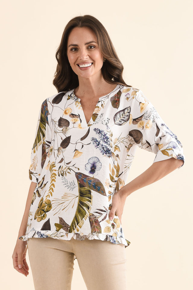 Jamilah Green Garden V Neck Top,Front,Brunette model,alt text|model:MJ