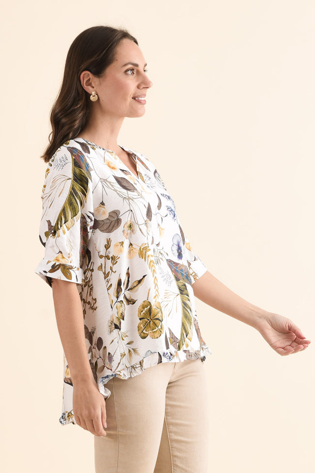 Jamilah Green Garden V Neck Top,Side,Brunette model,alt text|model:MJ image 3