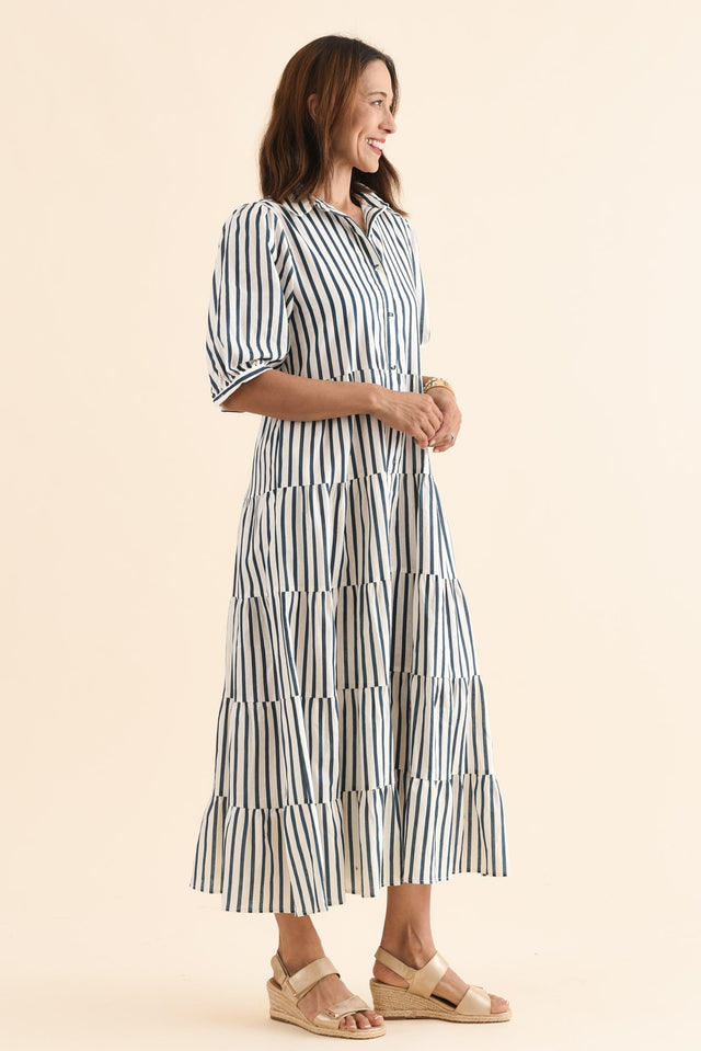 Jane Navy Stripe Linen Shirt Dress,Side,Brunette model,alt text|model:Cara image 3