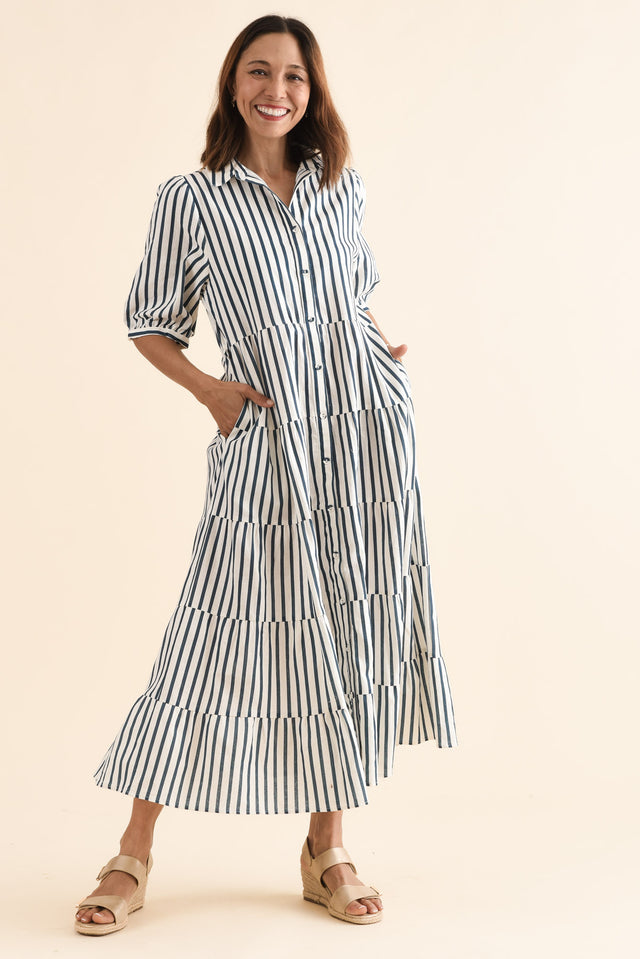 Jane Navy Stripe Linen Shirt Dress,Full Body,Brunette model,alt text|model:Cara image 6