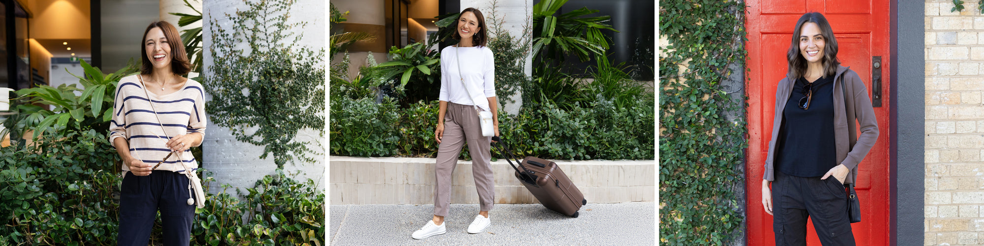 Brunette women in comfortable stretchy travel outfits in neutral colours look ready to go. One pictured with a suitcase.
