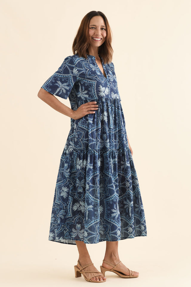 Jasira Blue Palm Cotton Tiered Dress image 3