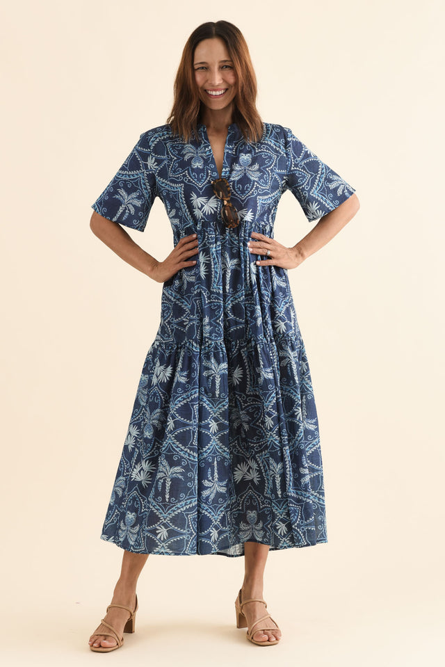 Jasira Blue Palm Cotton Tiered Dress image 6