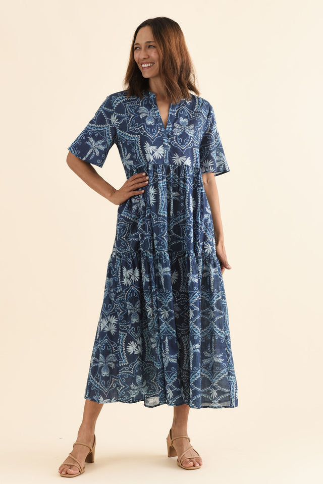 Jasira Blue Palm Cotton Tiered Dress image 1