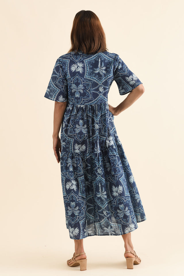 Jasira Blue Palm Cotton Tiered Dress image 4