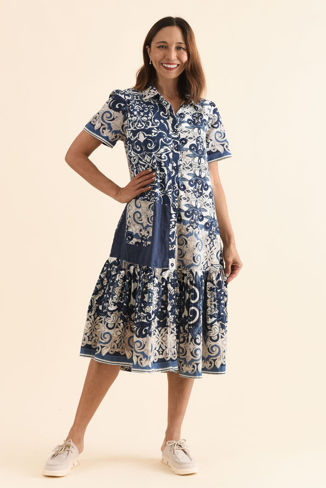 Jaslyn Navy Patchwork Cotton Shirt Dress,Full Body,Brunette model,alt text|model:Cara image 6