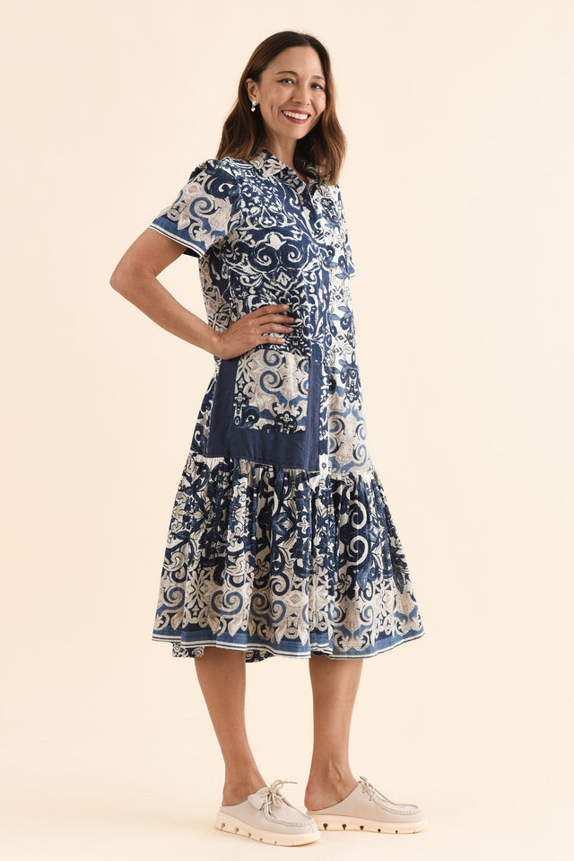 Jaslyn Navy Patchwork Cotton Shirt Dress,Side,Brunette model,alt text|model:Cara image 3