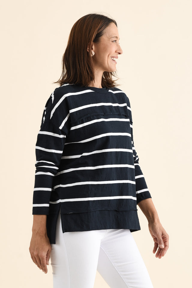 Jayne Navy Stripe Cotton Throw On Top,brunette model,Side of Outfit,alt text|model:Cara image 3