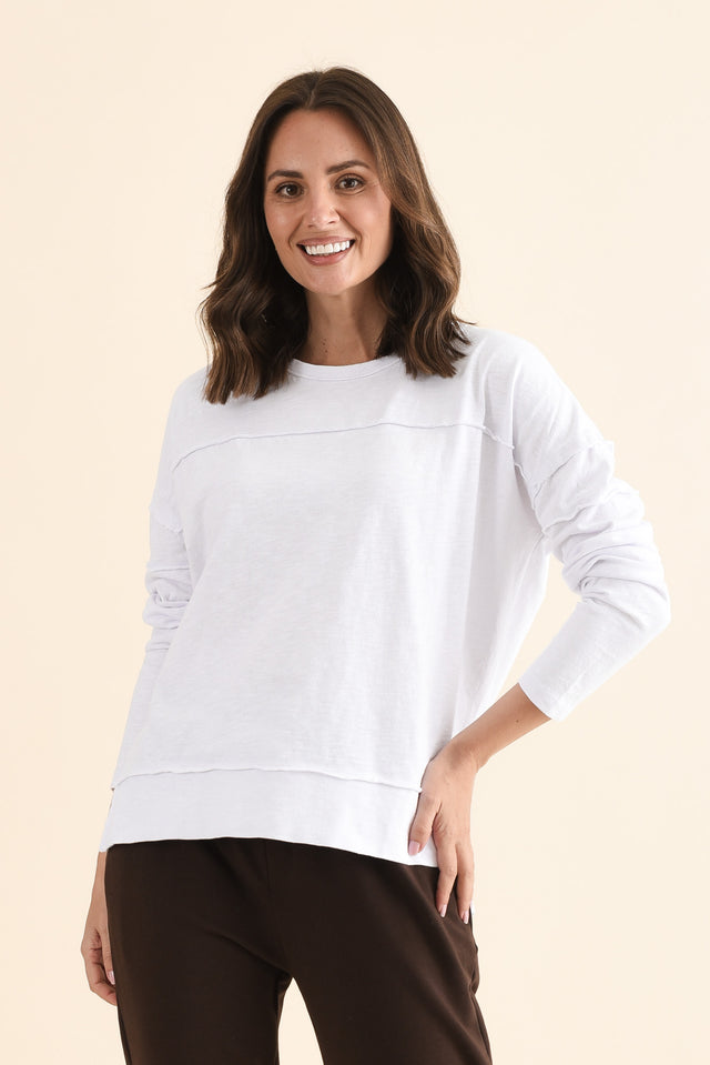 Jayne White Cotton Throw On Top,Front,Brunette model,alt text|model:MJ image 1