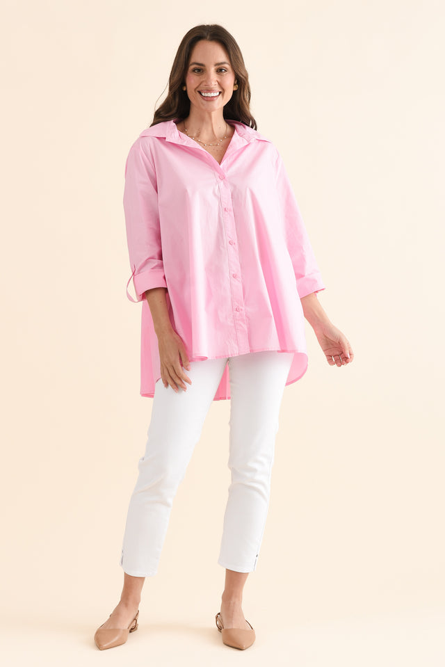 Jeanie Pink Cotton Pleated Shirt,Full Body,Brunette model,alt text|model:MJ image 6