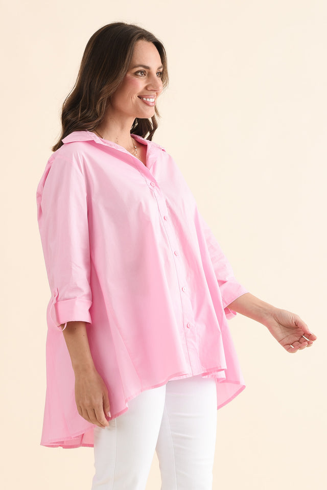 Jeanie Pink Cotton Pleated Shirt,Side,Brunette model,alt text|model:MJ image 3