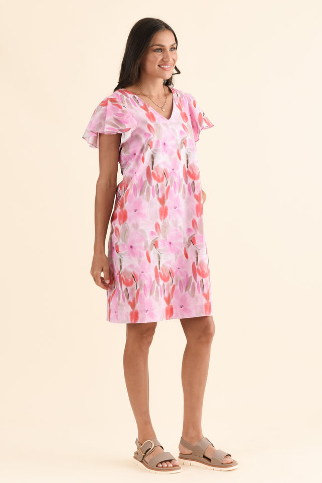 Jemma Pink Floral Cotton Ruffle Dress,Side,Brunette model,alt text|model:Brontie image 3