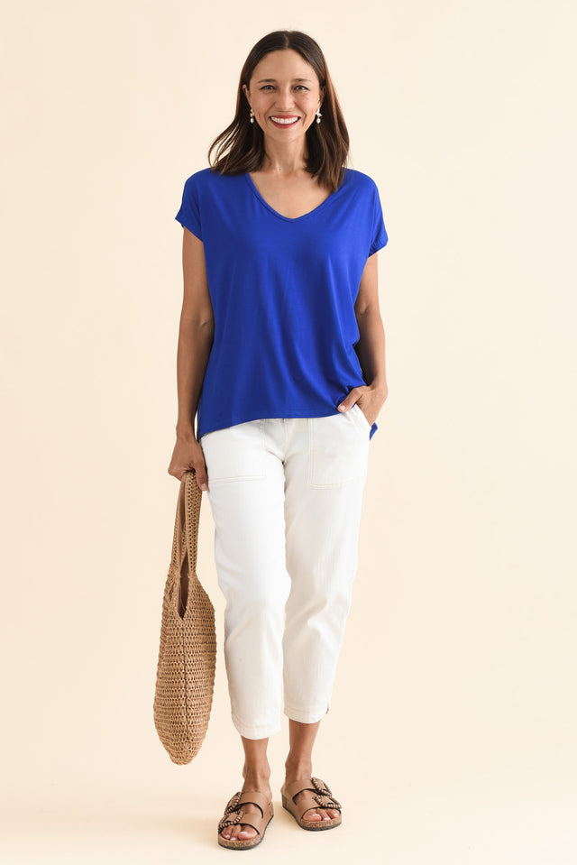 Jenner Cobalt V Neck Tee,Full Body,Brunette model,alt text|model:Cara image 2
