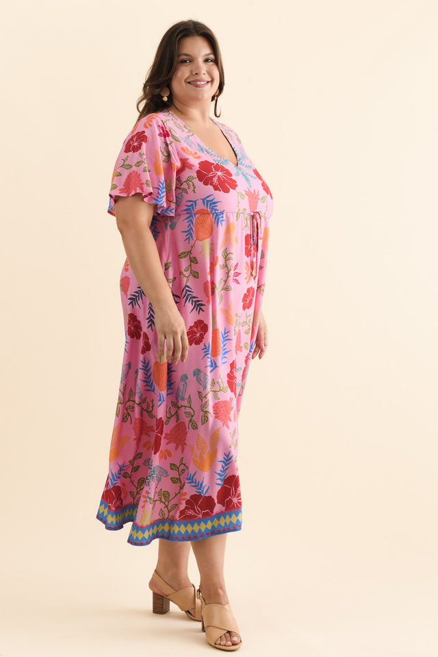 Jennifer Pink Tropical Flutter Sleeve Dress,Brunette model,alt text|model:Gabby image 11