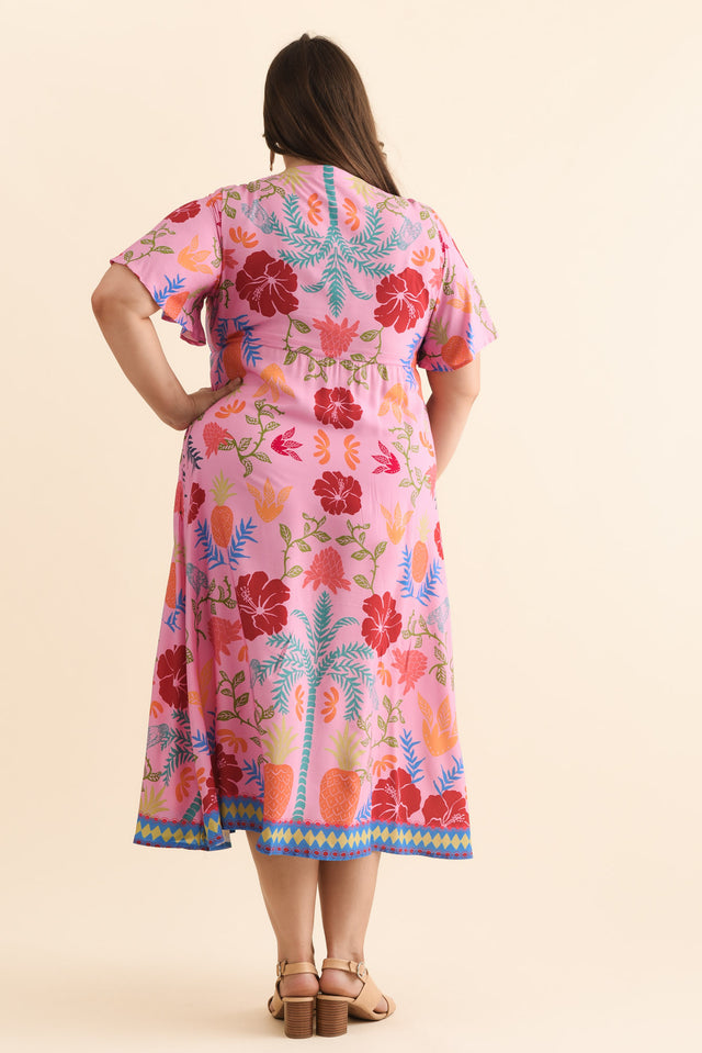 Jennifer Pink Tropical Flutter Sleeve Dress,Brunette model,alt text|model:Gabby image 12