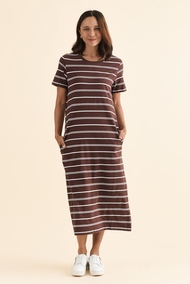 Jessa Chocolate Stripe Cotton Pocket Dress,Full Body,Brunette model,alt text|model:Cara image 2