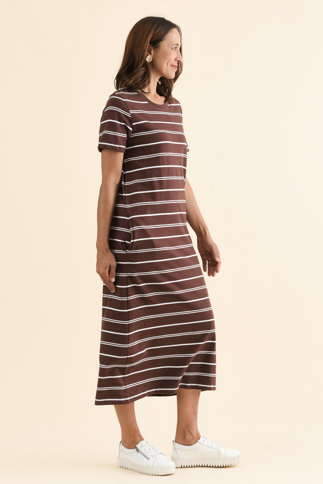 Jessa Chocolate Stripe Cotton Pocket Dress,Side,Brunette model,alt text|model:Cara image 3