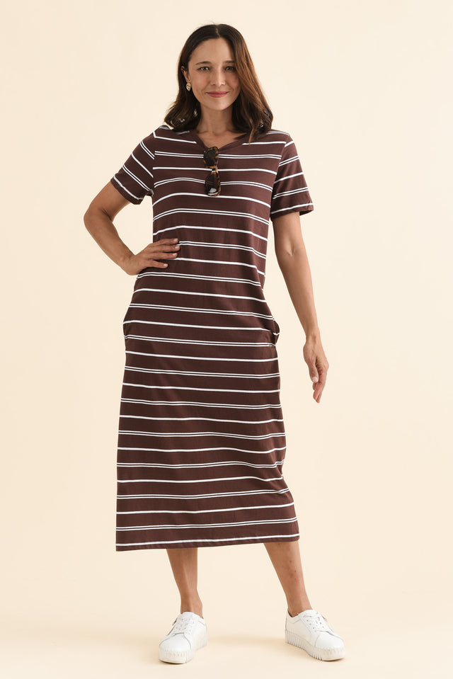 Jessa Chocolate Stripe Cotton Pocket Dress,Front,Brunette model,alt text|model:Cara image 1