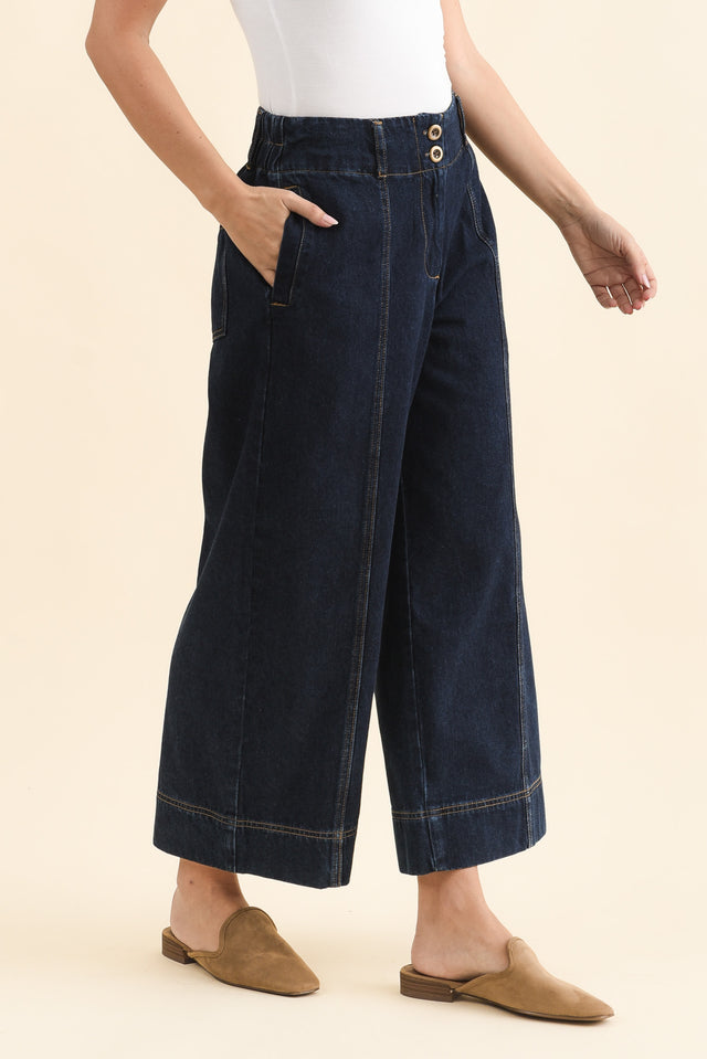 Jocelyn Dark Blue Wide Leg Jeans,Side,Brunette model,alt text|model:MJ image 4