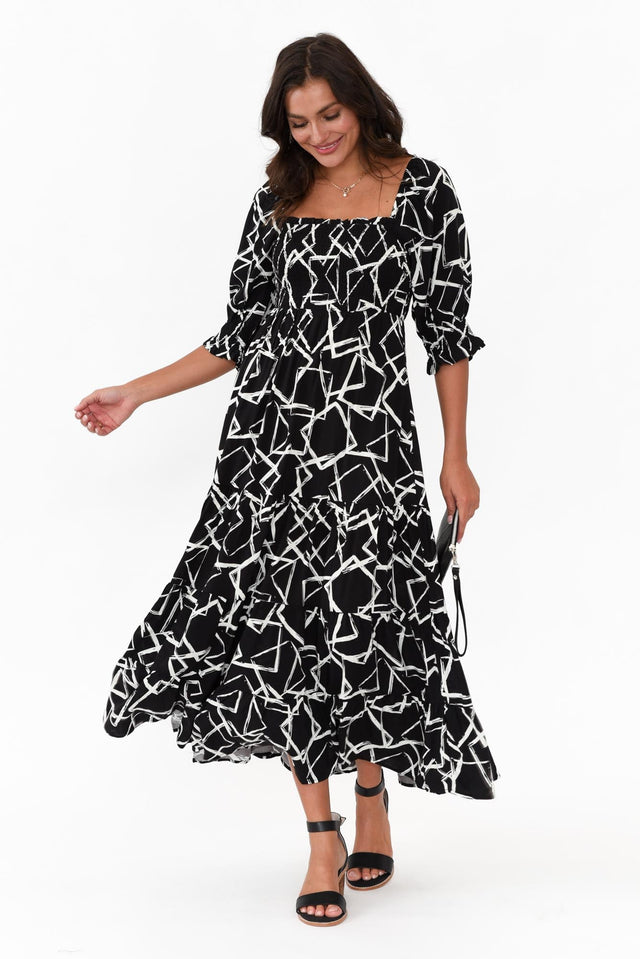 Jonathan Black Geo Shirred Maxi Dress,Brunette model,alt text|model:Brontie