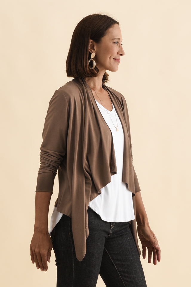 Joni Chocolate Bamboo Cardigan,Brunette model,alt text|model:Cara image 4