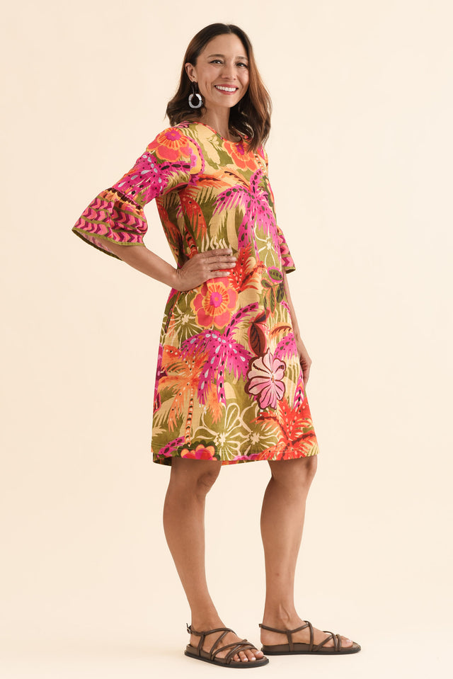 Jonty Orange Tropical Frill Dress,Side,Brunette model,alt text|model:Cara image 3