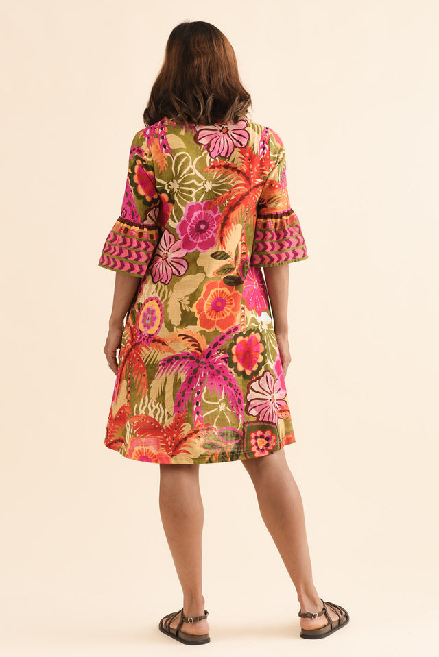 Jonty Orange Tropical Frill Dress,Back,Brunette model,alt text|model:Cara image 4