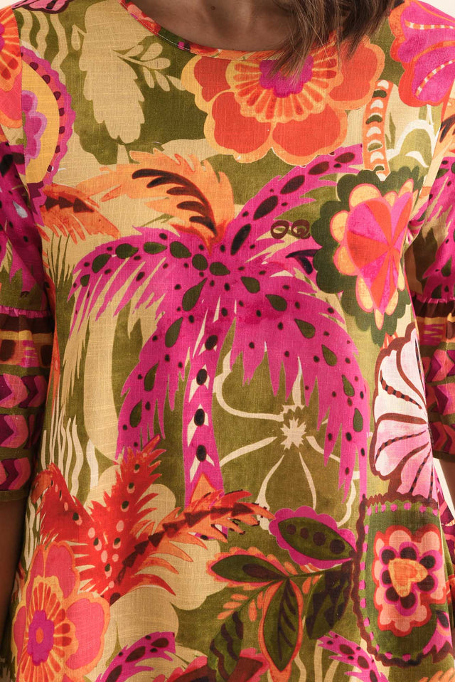 Jonty Orange Tropical Frill Dress,Detail,Brunette model,alt text|model:Cara image 5
