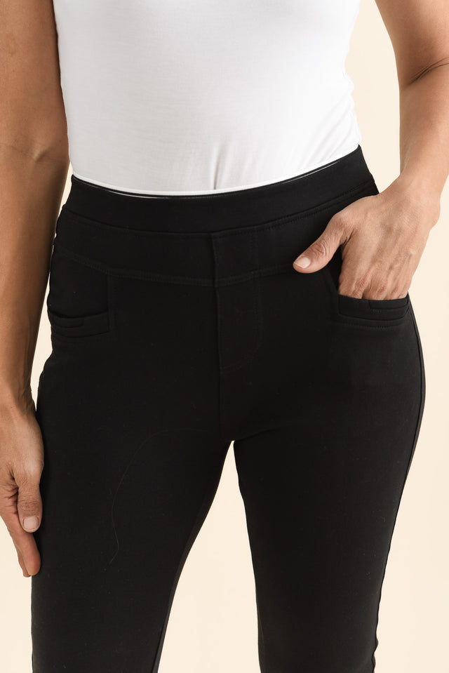 Jove Black Cotton Stretch Pants,brunette model,Close up of outfit,alt text|model:Cara image 5