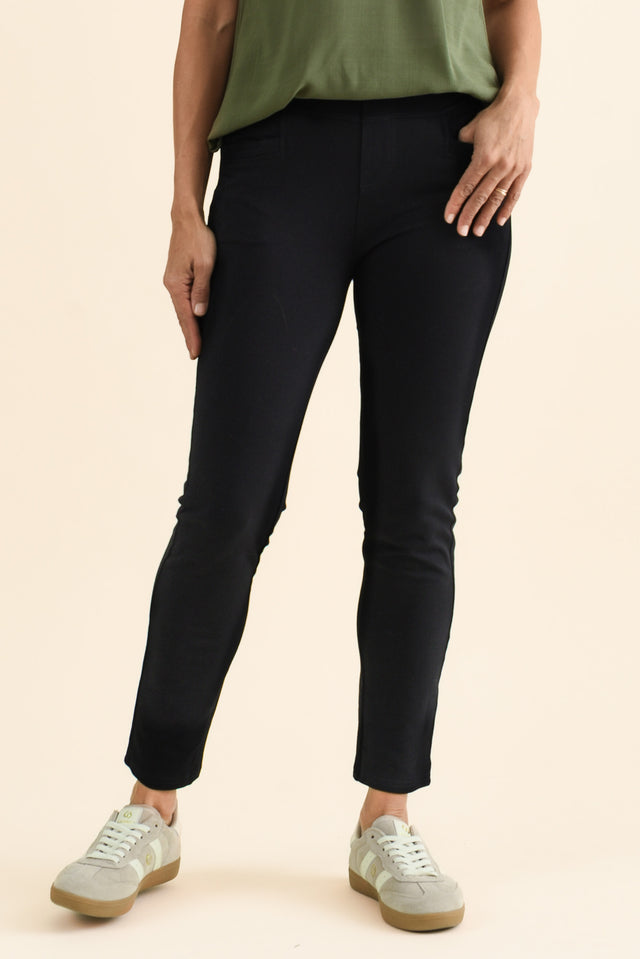 Jove Black Cotton Stretch Pants,brunette model,Front of Outfit,alt text|model:Cara image 1