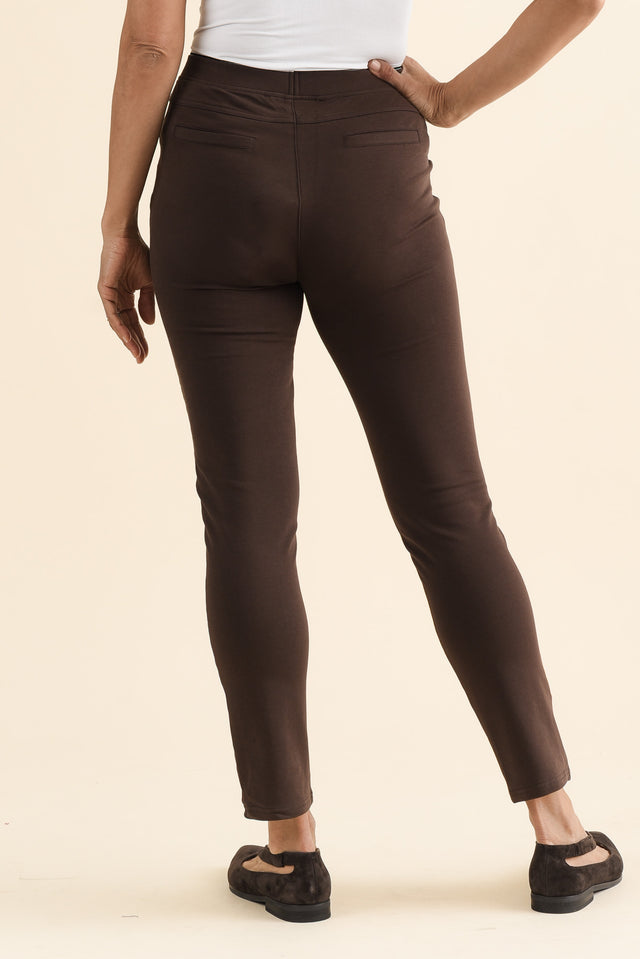 Jove Chocolate Cotton Stretch Pants,brunette model,Back of Outfit,alt text|model:Cara image 4