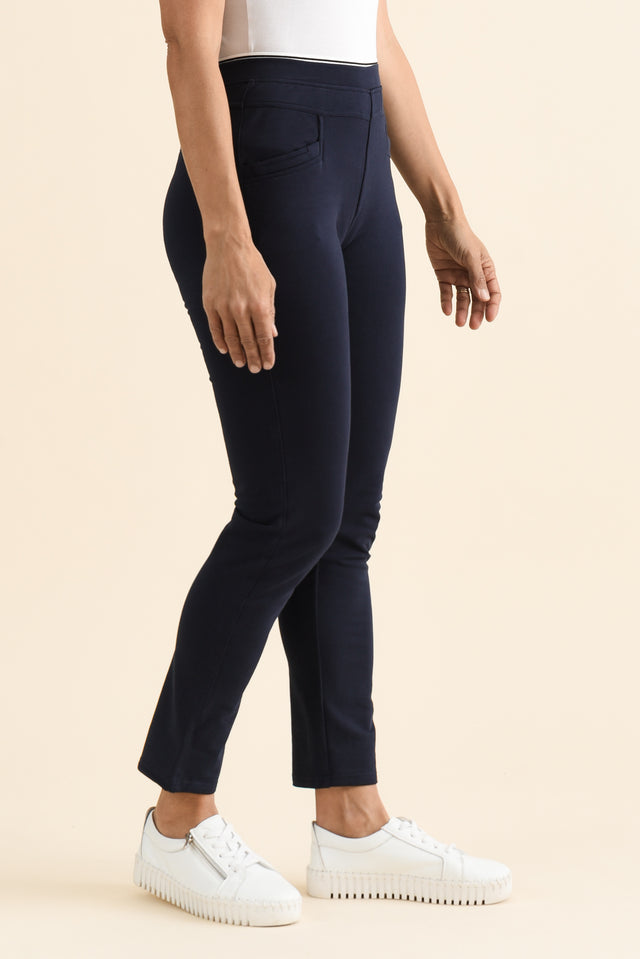 Jove Navy Cotton Stretch Pants,brunette model,Side of Outfit,alt text|model:Cara image 3