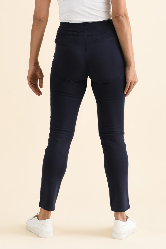 Jove Navy Cotton Stretch Pants,brunette model,Back of Outfit,alt text|model:Cara image 4