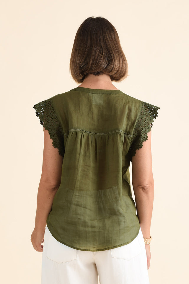 Jude Green Embroidered Button Top,Back,Brunette model,alt text|model:Laura image 5
