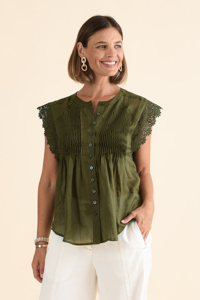 Jude Green Embroidered Button Top,Front,Brunette model,alt text|model:Laura image 2